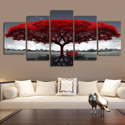 5Pcs/Set Modern Red Lucky Tree Wall Art Canvas Posters Unframed for Living Room Home Decor