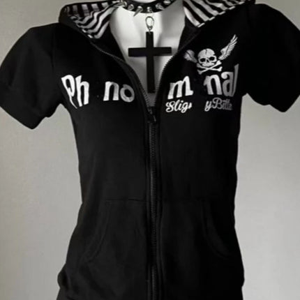 Y2K Subculture Skull Print Zip Cardigan Short Sleeve Women Japan Slim Fit Striped Hoodie Casual Tops Fashion Streetwear Clothes