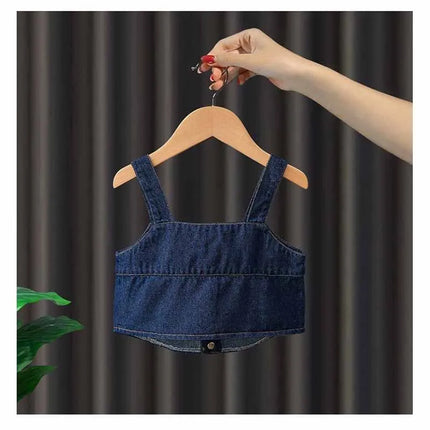 New Girls Denim Strappy Sets Baby Fashion Casual Suit Spring Autumn Children's Long-Sleeved Sweet Three-Piece 12M-4 Years Old