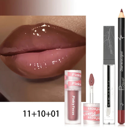 3pcs Lip liner pen set, lip liner pen, lip mud and lip oil, easy to apply makeup, long-lasting non-stick to cups, festival gift