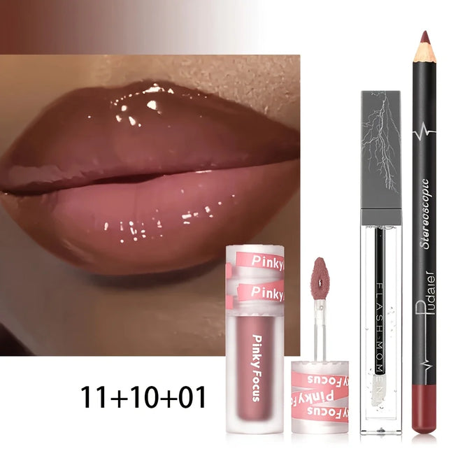 3pcs Lip liner pen set, lip liner pen, lip mud and lip oil, easy to apply makeup, long-lasting non-stick to cups, festival gift