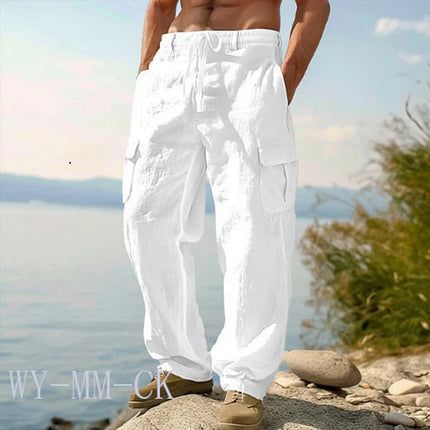 European And American Men's Cotton And Linen Trousers Multi-pocket Work Pants Loose Straight Sportswear And Casual Trousers