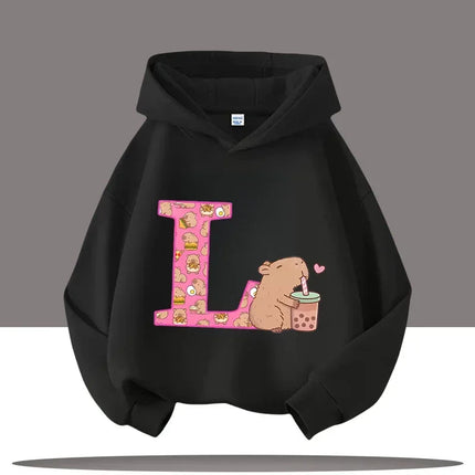 The A-Z Kapibara Cartoon Printed Children's Hoodie, Autumn Outdoor Casual Top for Boys and Girls with A Hooded Pullover