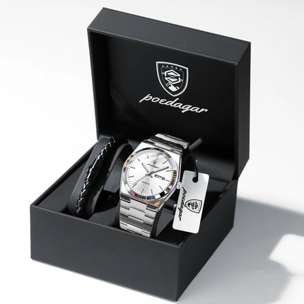 POEDAGAR Fashion Casual Men's Wristwatch Waterproof Luminous Date Week Men's Watches Stainless Steel Quartz Business Men Watch+Box