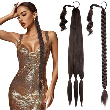 Synthetic Long Braided Ponytail Extension with Hair Tie Straight Wrap Around Natural Soft Hair Piece Daily Wear 30 Inch 160 Gram