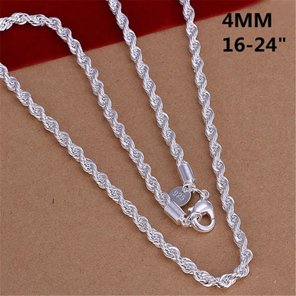 16-24inch for Women Men Beautiful Fashion 925 Silver Color Charm 4MM Rope Chain Necklace Fit Pendant High Quality Jewelry