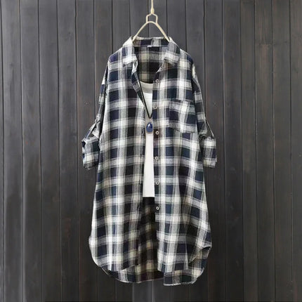 Long-sleeved shirt jacket for women retro large size loose butt-covering long cotton and linen top with plaid shirt