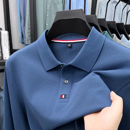 Men's turn-down collar T-shirt, long-sleeved, autumn business style, 100% cotton, casual Polo shirt, men's top, Polo shirt