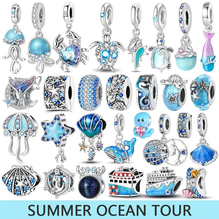 925 Sterling Silver Blue Ocean Series Beaded Charms  Pendant Fit for The Brand's DIY Bracelet Women Jewelry Girlfriend Gifts
