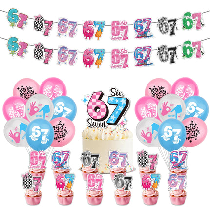 I WAS 6 NOW IM 7 Number 67 Themed Birthday Party Decoration Banner Balloon Cake Toppers＆ Make A Face DIY Stickers Creative Gift