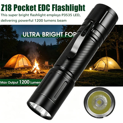 1200LM LED Flashlight with Fixed Focus Torch Powerful Spotlight Portable Pen Clip Hat Headlamp External 21700 Battery Flashlight