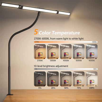 2-Headed LED Desk Lamp for Office Home Eye-Caring Architect Lamp with Clamp USB 3 Color Flexible Adjustable Lighting Table Lamp