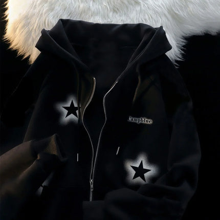 New Retro Graffiti Star Print Hooded Zipper Coat Collection Spring And Autumn Casual Fashion Trends Versatile Lazy Wind