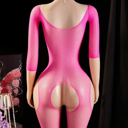 One Piece Crotchless Babydolls For Sexy Lingerie Women Long Sleeve Bodystocking Mesh Hollow Babydoll Dress Rose Erotic Underwear