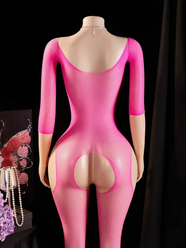 One-Piece Crotchless Babydolls For Sexy Lingerie Women Long Sleeve Bodystocking Mesh Hollow Babydoll Dress Rose Erotic Underwear