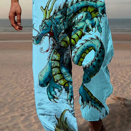 Spring Summer New Men's Cool Touch Trousers Dragon Print Stretch Breathable Trousers Hawaii Beach Drawstring Trousers
