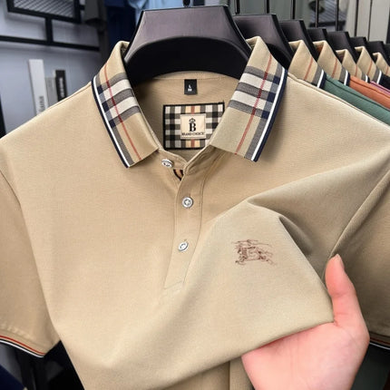 High-end luxury brand men's short-sleeve polo shirt, summer breathable cotton plaid lapel top, fashion embroidered casual T-shirt