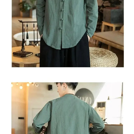 Versatile Loose-fit Long Sleeve Shirt Men's Casual Chinese Style Tang Suit Jacket Summer Lightweight Linen Top