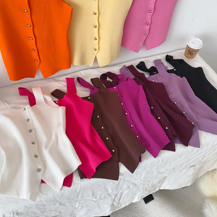 Women's Knitted Slim Fit Vest Summer 2025 Svel Top Single Button Design Versatile Inner and Outer Wear Commute Sle