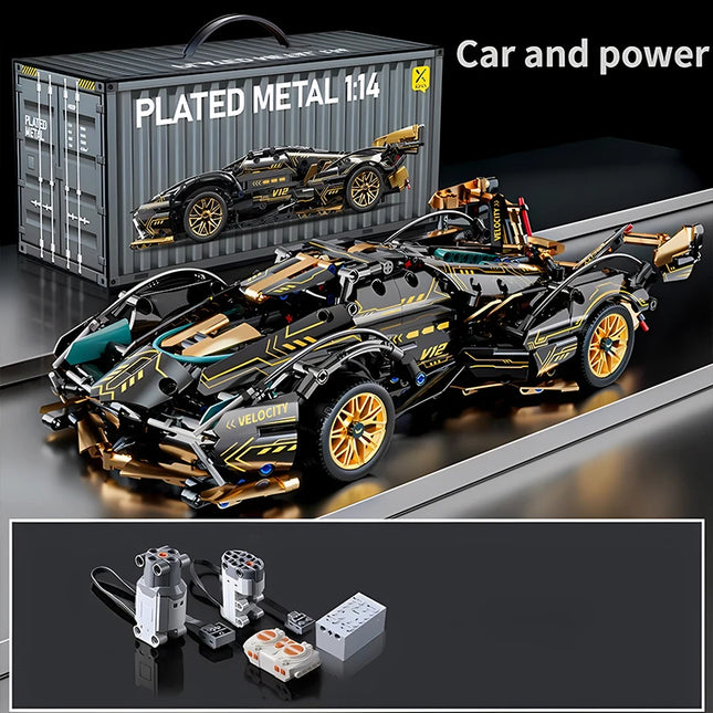 Black V12 Block Roadster RC Tech Racer 1:14DIY Roadster building block assembly Block car toy birthday gift （1280+granule）