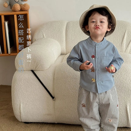 2026 Fall New Toddler Kids Pants Cotton Cartoon Embroidered Harem Pants Baby Boy Casual Striped Denim Baggy Trousers
