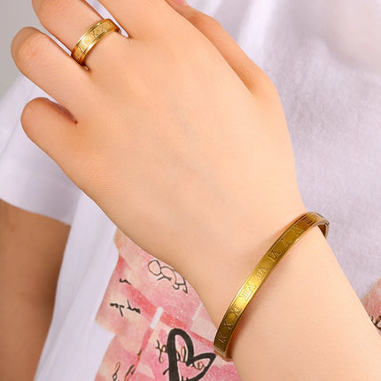ZAKOL Trendy Roman Numeral Stainless Steel Bracelet Ring Set for Women And Men Minimalist Versatile Personalized Jewelry