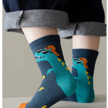 5 Pairs 1-12 Years Children's Cotton Socks Spring Autumn Cartoon Dinosaur Black White Grey Baby Girls Toddler Kids Boys Socks