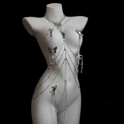 Sexy Butterfly Nipple Clips Body Chains Collar-Integrated Set Paired with Butt Plugs Vaginal Clamps Body Restraints Sex Toys