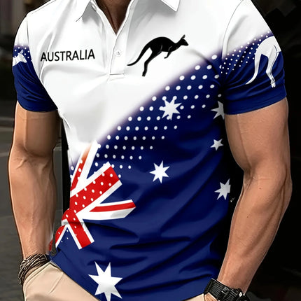 Australian Flag Kangaroo Print Men's Casual and Comfortable Short-Sleeved Polo Shirt