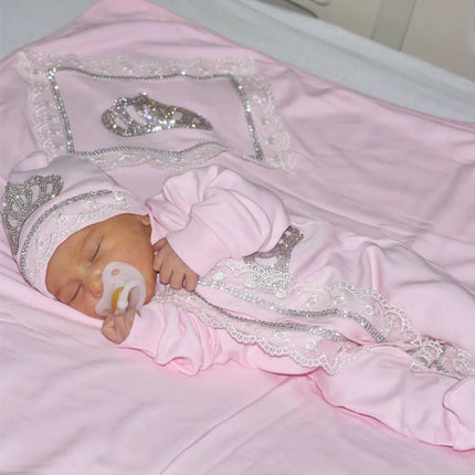5pcs Handmade DIY Vinyl Name Personalized Baby Girl Newborn Jewels Crown Pink Take Me Home Layette 5 Piece Deluxe Gift Set