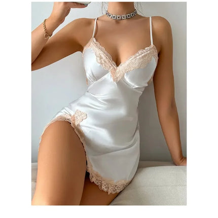 Sexy Backless Mini Nightgown Lingerie for Women Summer Chemise Sleepwear Suspender Nightdress White Satin Lace Home Wear Loungewear