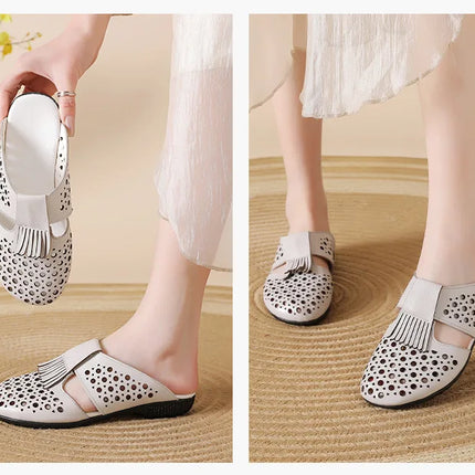 New Women's Breathable Perforated Leather Mules Vintage Tassel Slip on Flats Woman Casual Summer Shoes Hollow Slippers Outdoor