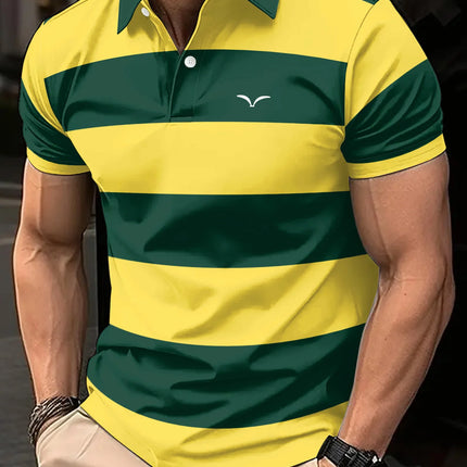 Men's Fashionable Summer Striped Casual Short Sleeved Shirt, Button Neck, Mixed Color Suitable for Golf or Casual Wear