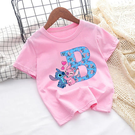 Stitch Disney T Shirt for Girls Children Clothes Tops Children's Clothing Letter A-Z Cotton Short Sleeve Summer Child Cute Gifts