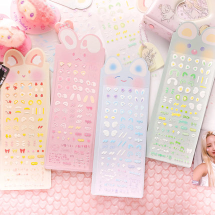 MINKYS New Arrival 3pcs 6pcs Kawaii Bear Ribbon Laser Bling Stickers DIY Scrapbook Stickers Confetti Decoration DIY Photo Frame