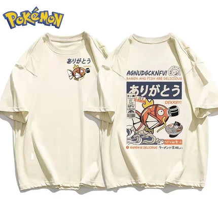 Pokémon Anime Magikarp Printing T-shirt 2026 Autumn/Winter New Harajuku Men's and Women's Large Loose Daily Parent-child Top