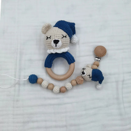 Baby Rattle Crochet Bear Teether Rattle With Bells Pacifier Chain Newborn Montessori Educational Toy Wooden Rings Baby Toys