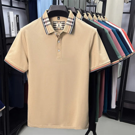 Men's high-end silky cotton breathable short-sleeved polo shirt, new summer trend, plaid lapel, designer brand, casual golf T-shirt