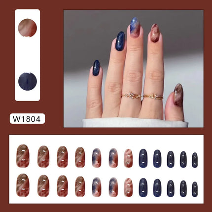 Dark Brown Flowers 24 Pcs Press-on Nails Pink Nail Polish Glossy Artificial Finger Manicure Reusable False Nails