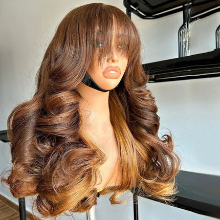 Ombre Brown With Bangs Colored 13x4 Synthetic Lace Frontal Wig Glueless Pre-Plucked Body Wave Wig For Women Daily Wear Cosplay
