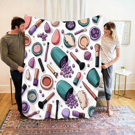 Makeup-Themed Flannel Blanket with Lipstick, Eyeshadow, Brushes & Beauty Palettes - Soft Warm Cozy Bedspread for All Seasons, Be