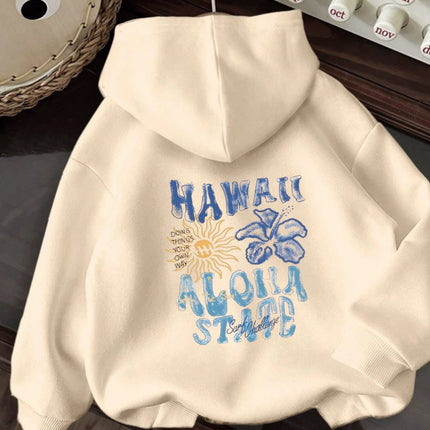 2025 Autumn Winter Hawaiian Flower Print Creative Letter Women's Long Sleeved Round Neck Comfortable Sweatshirt Casual Clothing