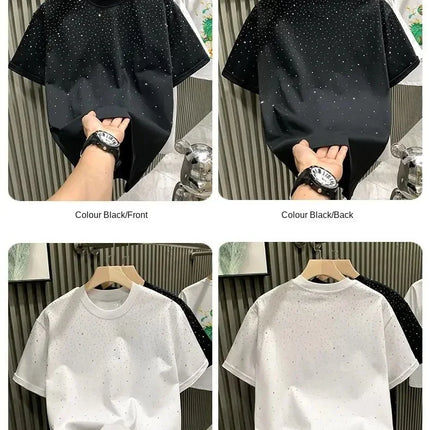 Summer Rhinestone Rivet T-shirt for Men Clothing Round Neck Casual T-shirt Fashion High Street 2025 Men's Summer Short Sleeves