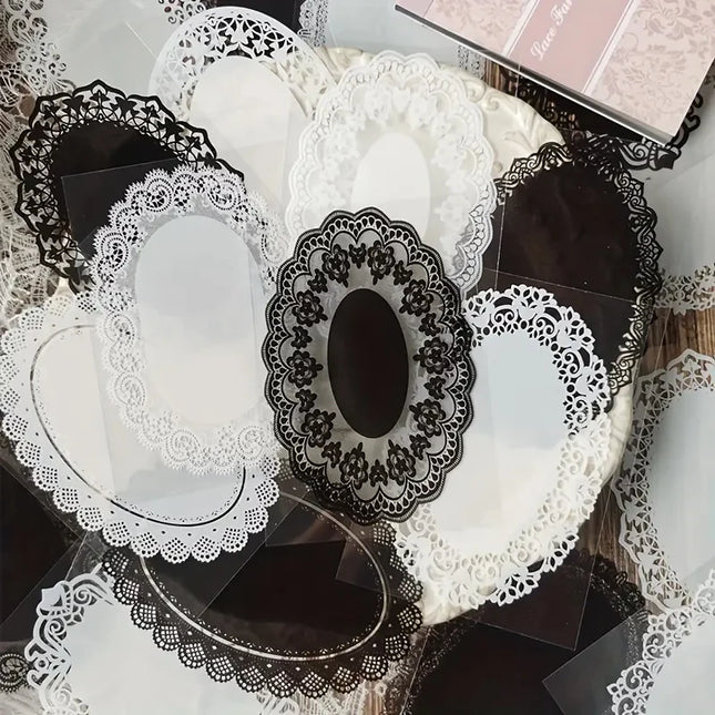 30pcs, Vintage Style Black And White Lace Stickers Book DIY Diary Junk Journal Decoration Collage PET Sticker Album Scrapbooking