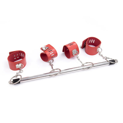 BDSM Bondage Adjustable Handcuffs & Ankle Cuffs with Stainless Steel Spreader Open Legs Pu Leather Set for Couple Sex Games