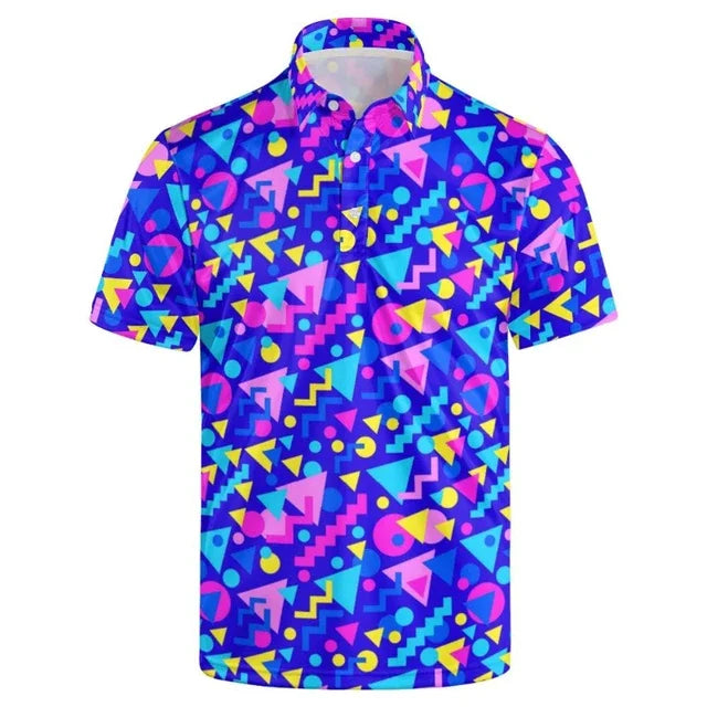 Hawaiian Men Polo Shirts 3D Colorful Geometric Printing Men's Summer Loose Beach Oversize Short Sleeve Golf Shirts Unisex Tops