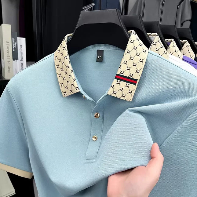 High-quality men's short-sleeve polo shirt, summer light luxury business style, comfortable casual patchwork neckline fashion T-shirt