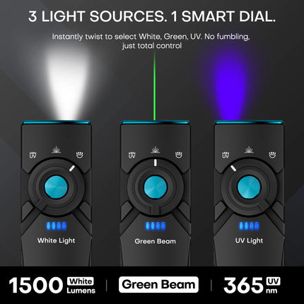 3in1 Rechargeable EDC Flashlight with White LED, UV and Green Beam, 1500 Lumens Flat Pocket Work Lights with Magnetic Emergency
