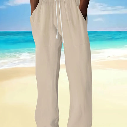 New spring and autumn men's Chinese-style solid-color cotton and linen trousers with multiple pockets and drawstring designs