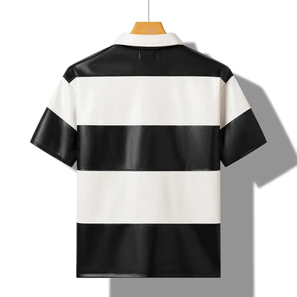 Splice Color Stripe Pu Leather Lapel Collar T Shirt Black Purple Red Polo Shirt Men Women High Quality Casual Short Sleeve Tops